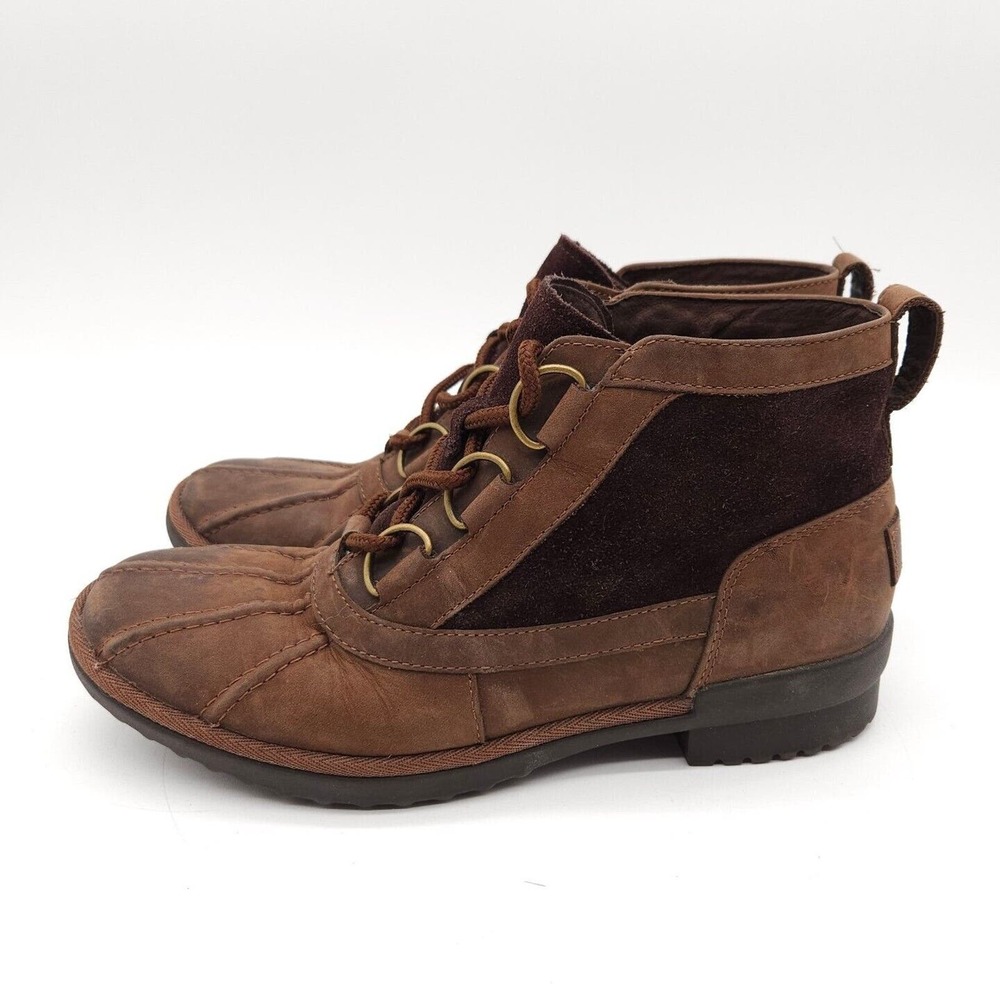 UGG Heather Womens 7.5 Duck Rain Ankle Boot Coconut Shell Brown Leather Lace Up - Picture 2 of 9